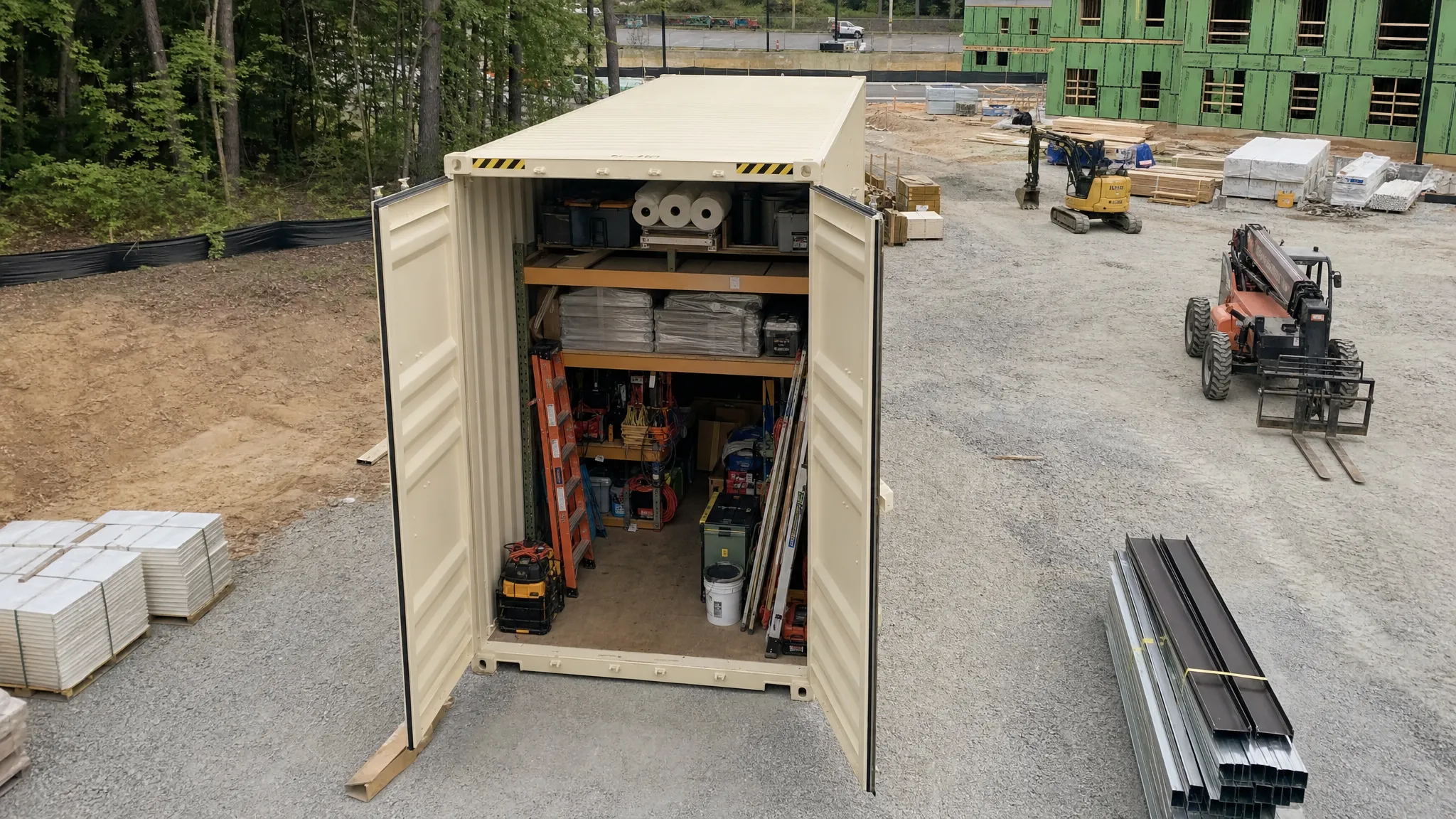 20ft High Cube Container: When the Extra Height Pays Off A 20ft high cube shipping container on a compacted gravel pad at a Raleigh construction site, viewed from slightly above with the open doors showing tall shelving, ladders, wrapped building materials, and organized tools inside.