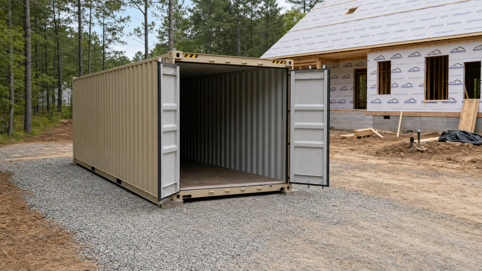20 Ft Storage Container for Sale: How to Choose Right A 20ft shipping container set on a compact gravel pad beside a North Carolina construction site, shown with its cargo doors facing open access space, level ground under the frame, and room for delivery equipment to reach the drop area.