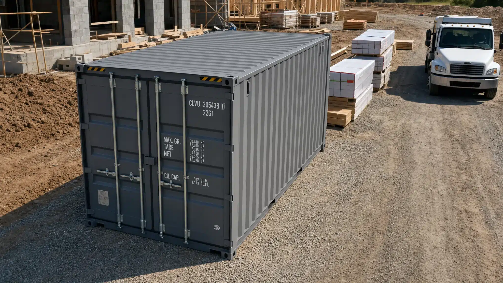 20ft Shipping Container for Sale Near Me: Buyer Tips A 20ft steel shipping container on a compacted gravel pad beside a construction site, shown from a slightly elevated angle with the doors closed, a clear truck access lane, and neatly staged building materials nearby.