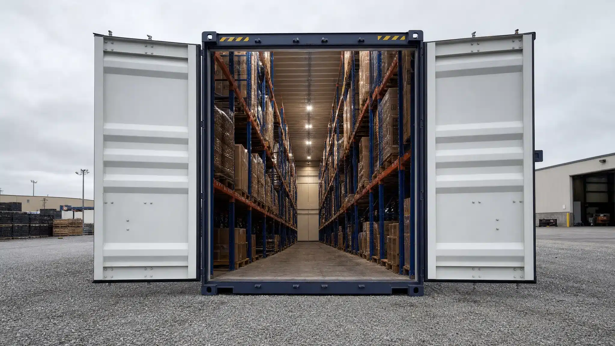 A 40ft high cube shipping container on a level gravel pad at a commercial property, viewed from the doorway with the cargo doors open and tall pallet racking visible inside.