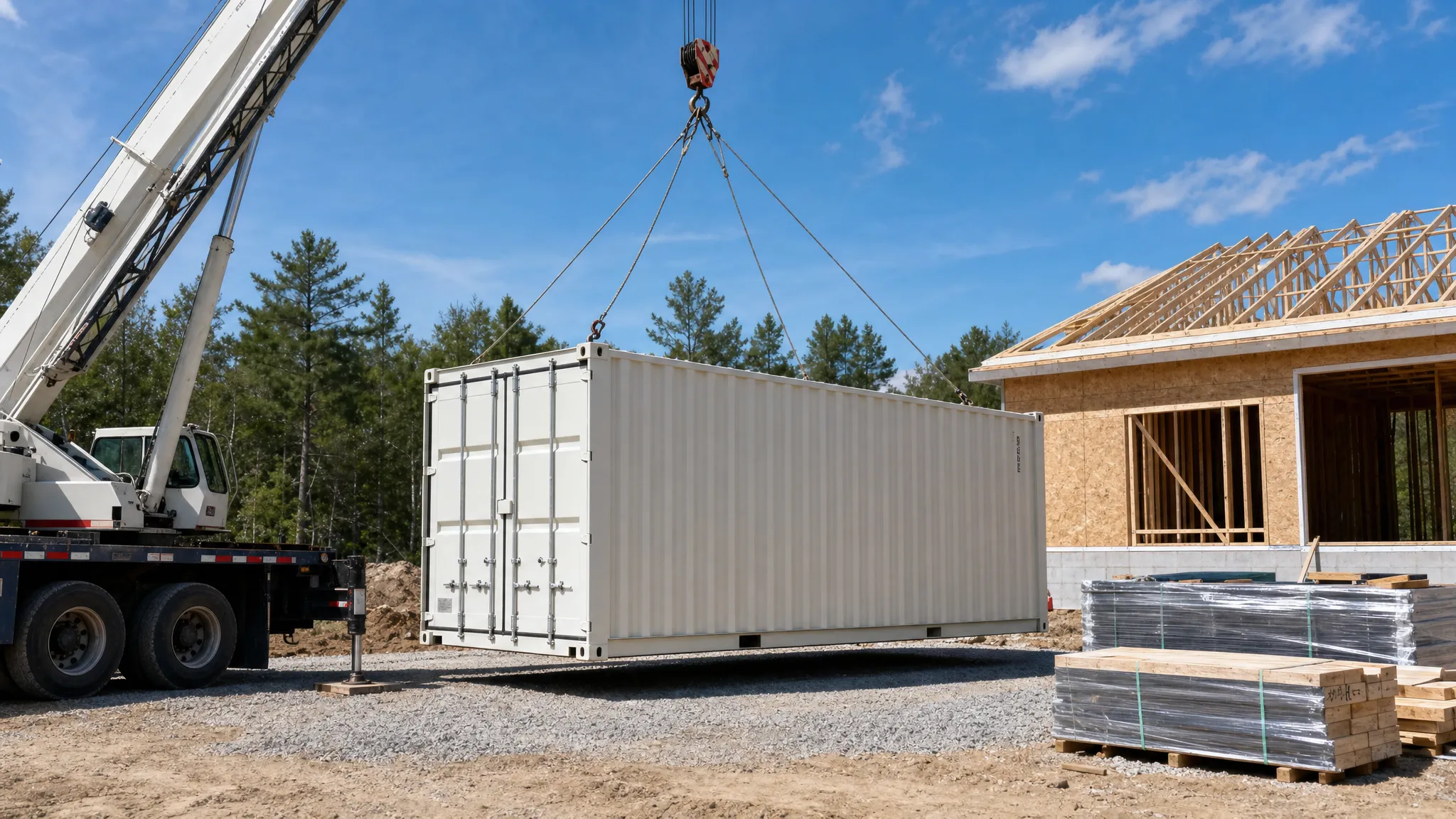 A clean shipping container being placed on a level gravel pad beside a construction site, with clear truck access and a few stacked building materials nearby.