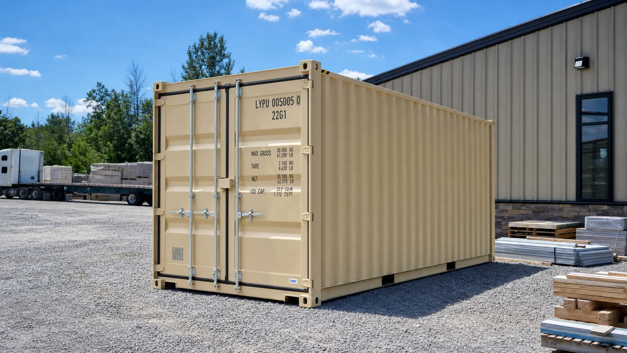 A clean shipping container on a level gravel pad beside a commercial property, with open truck access, clear space around the doors, and neatly stacked construction materials nearby.