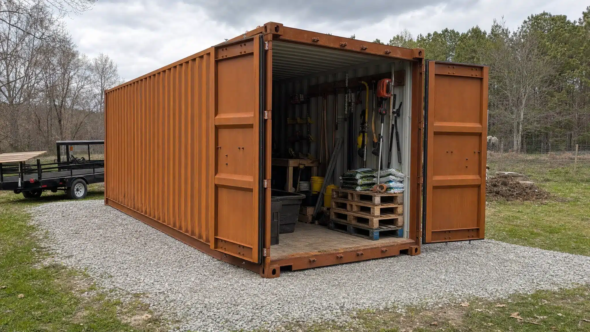 A Corten steel shipping container on a compacted gravel pad near Raleigh, with organized tools, pallets, farm supplies, and clear access around the doors.