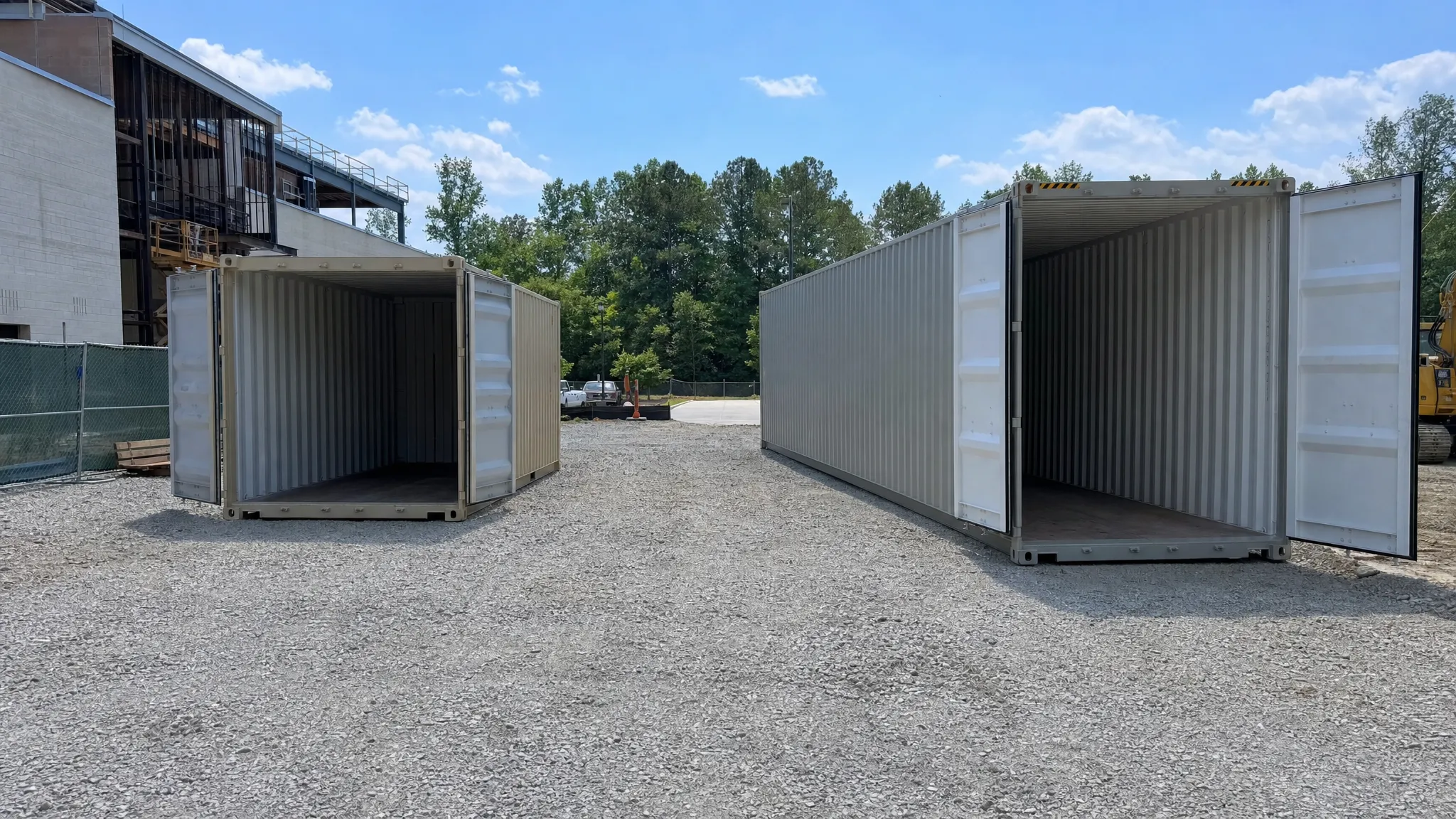 A level gravel pad beside a commercial jobsite in North Carolina with a 20ft shipping container on one side and a 40ft shipping container on the other, showing clear access space for delivery and open container doors.