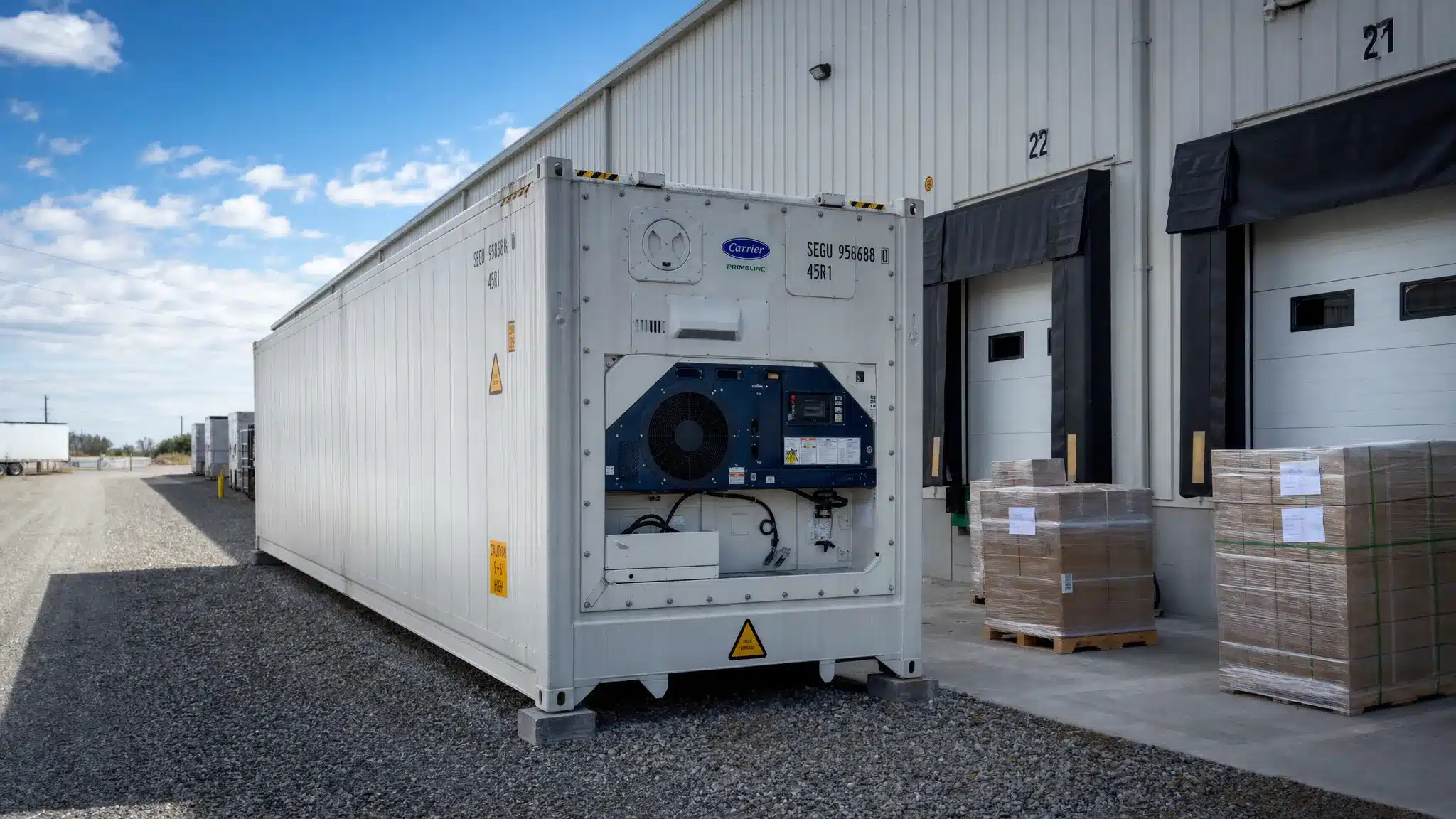 Refrigerated Containers for Sale: What Buyers Should Ask A refrigerated shipping container beside a warehouse loading dock, with pallets staged near the doors, the refrigeration unit visible at the front, and a clear gravel lane leading to the machinery end for service access.