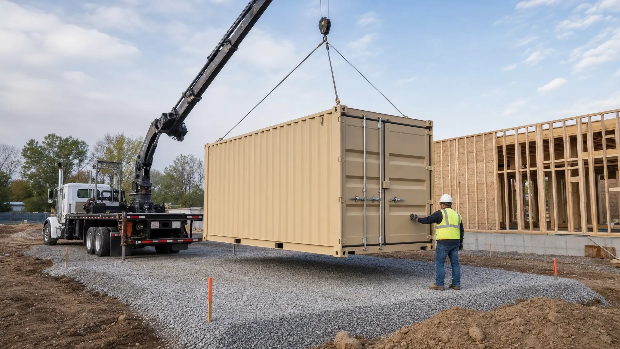 A shipping container being placed on a prepared gravel pad beside a construction site, with clear access for the delivery truck, marked corner locations, and no overhead obstructions.