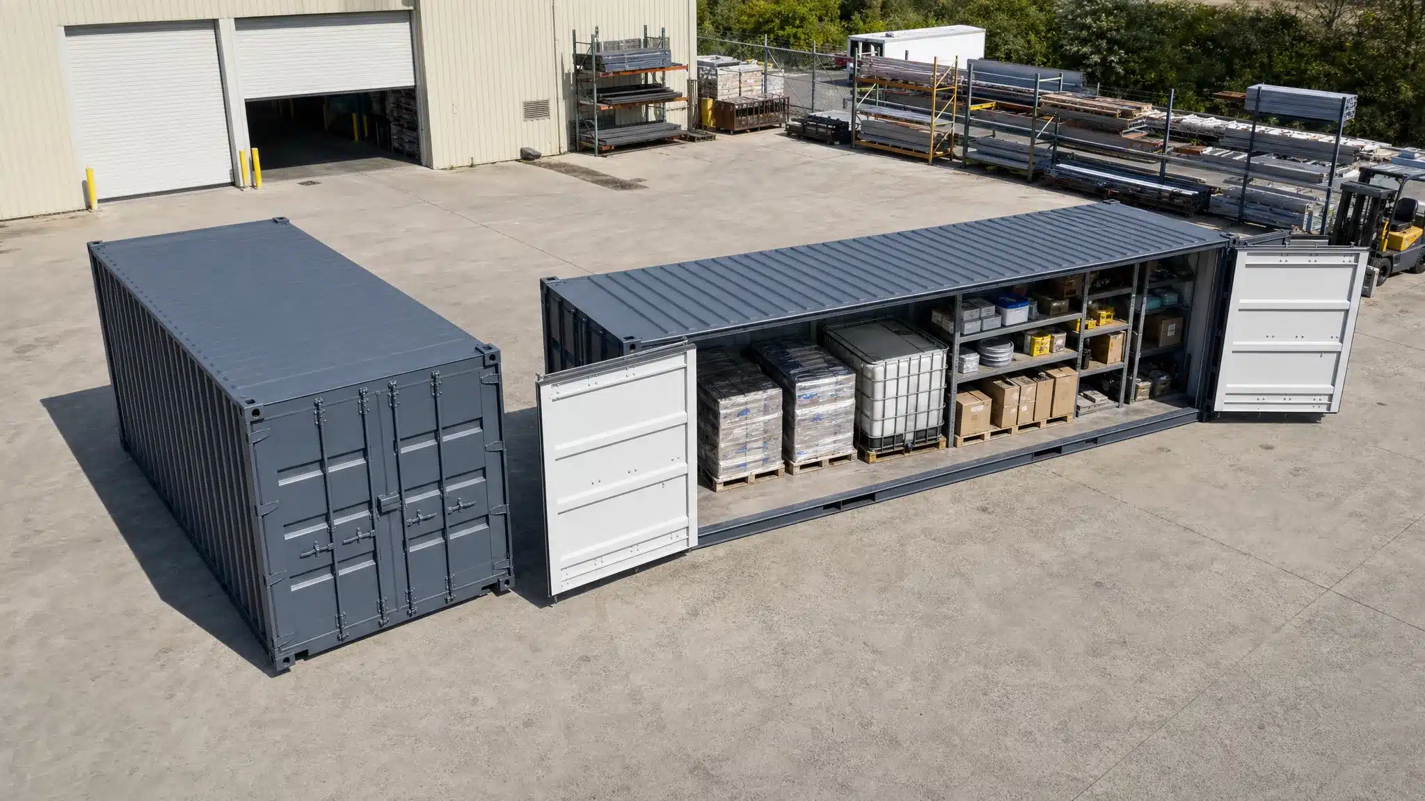 Container Open Side vs Standard: Which Is Better? A standard shipping container with end doors beside an open side shipping container with its long side doors open, showing palletized materials and organized shelving on a commercial property from an overhead angle.