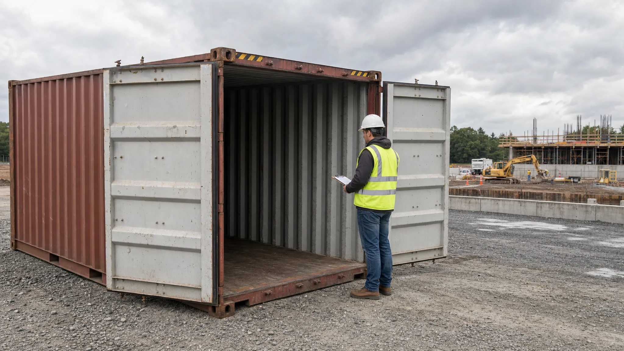 A used steel Conex box being inspected on a gravel lot, with the doors open, visible locking rods, Corten Steel side panels, and a level delivery area prepared beside a construction site.