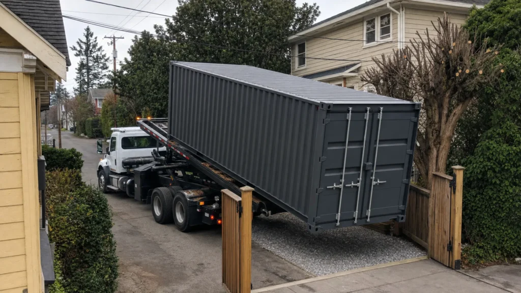 Delivering a Shipping Container to Tight Access Sites