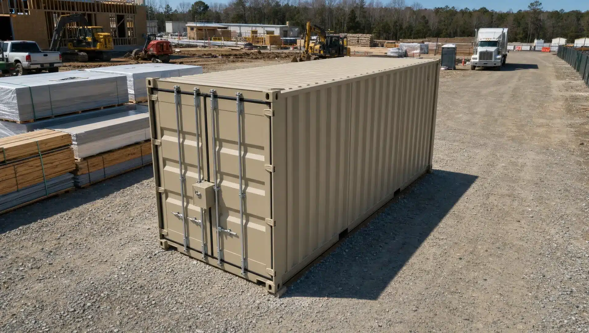 A 20 foot shipping container placed on a compacted gravel pad at a construction site, with level ground, clear truck access, stacked building materials nearby, and a secure lockbox on the container doors, viewed from a slightly elevated angle with the delivery lane visible.