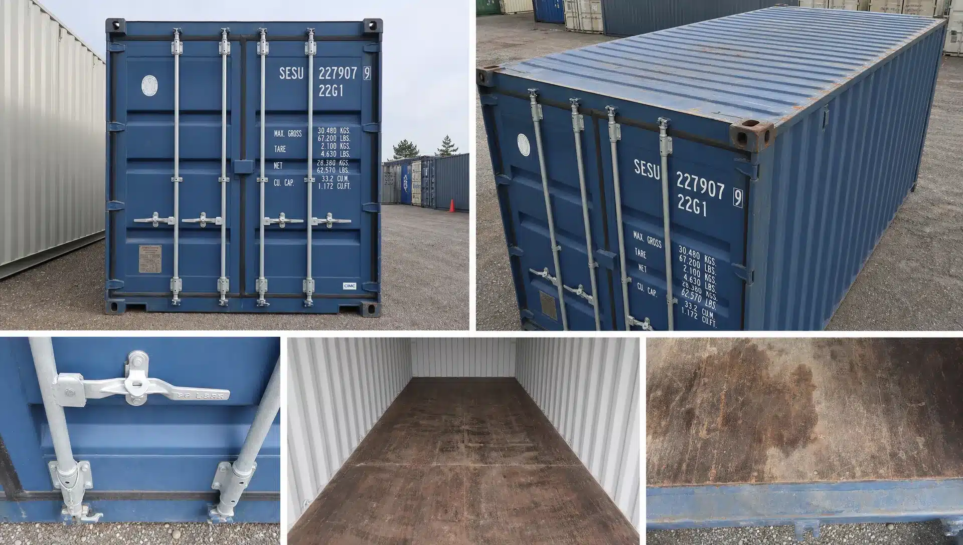 How to Shop 20 Foot Containers for Sale Locally A 20ft shipping container under close inspection on a gravel lot, with focus on the cargo doors, locking rods, roofline, and wood floor condition.