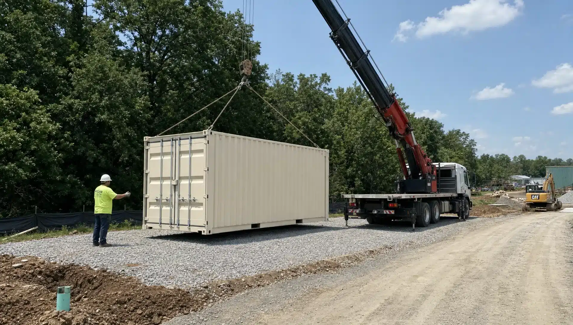 A 20ft steel shipping container being set onto a compacted gravel pad beside a construction site access lane, with a delivery truck aligned for a careful drop and clear space around the unit for unloading.