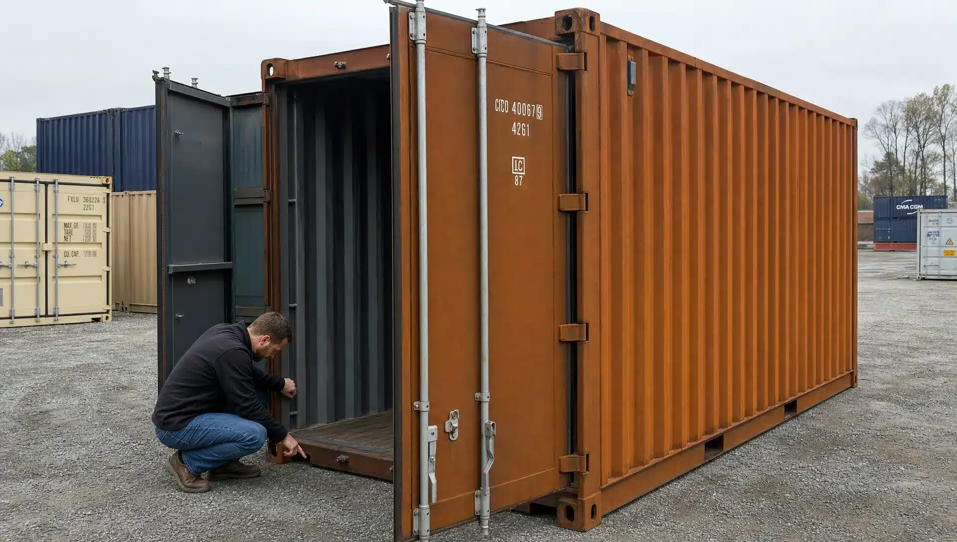 Conex Box for Sale: How to Spot Quality Fast A buyer inspecting the doors, locking rods, floor threshold, and Corten steel side panels of a shipping container in a Raleigh, North Carolina container yard, shown from an eye-level side angle with the doors partly open and the interior visible.