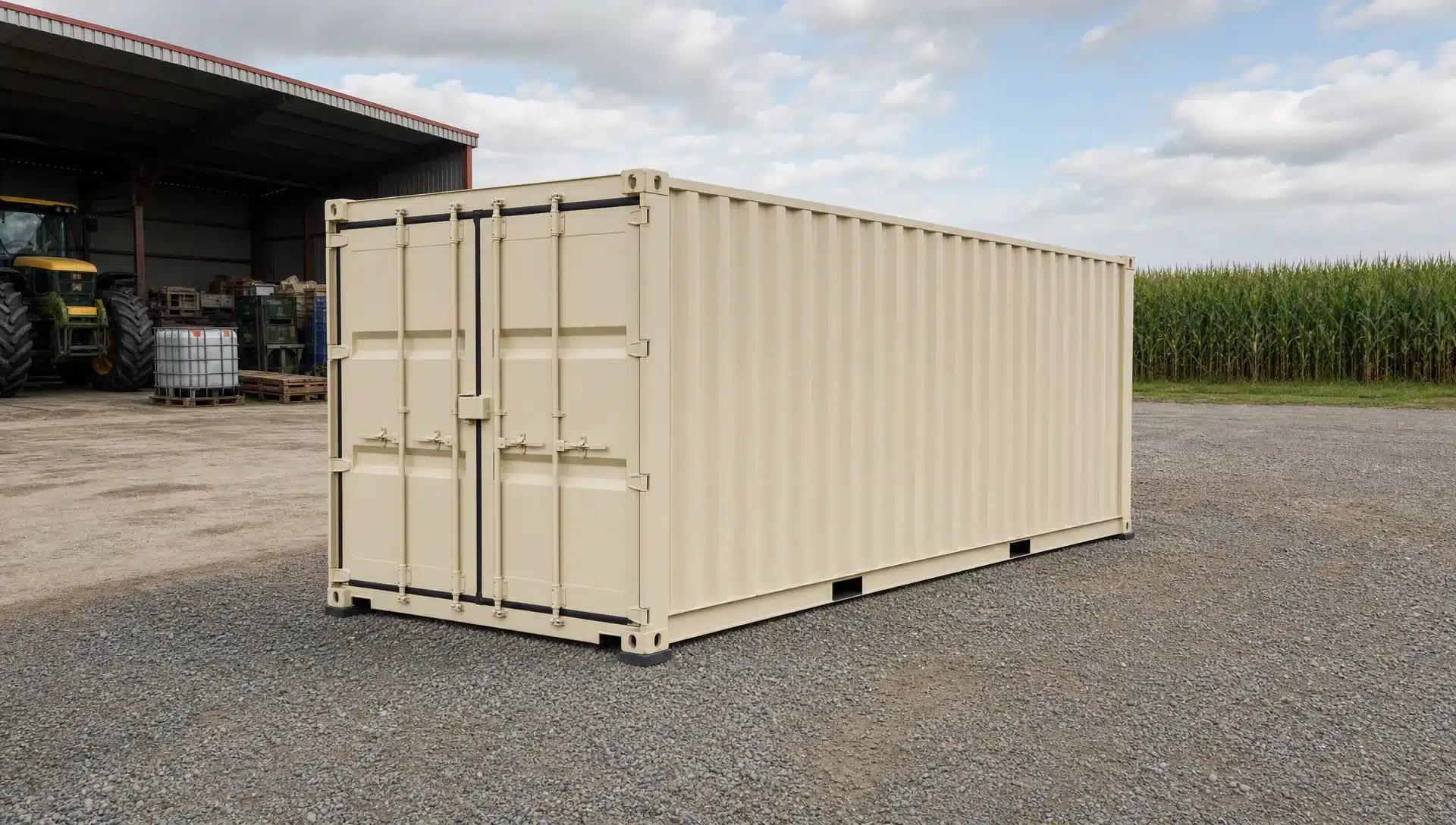 Lease to Own Shipping Containers: Pros, Costs, and Risks A clean 20ft shipping container placed on a level gravel pad beside a farm storage area, with clear truck access, compacted stone under the container corners, and open space for delivery equipment.