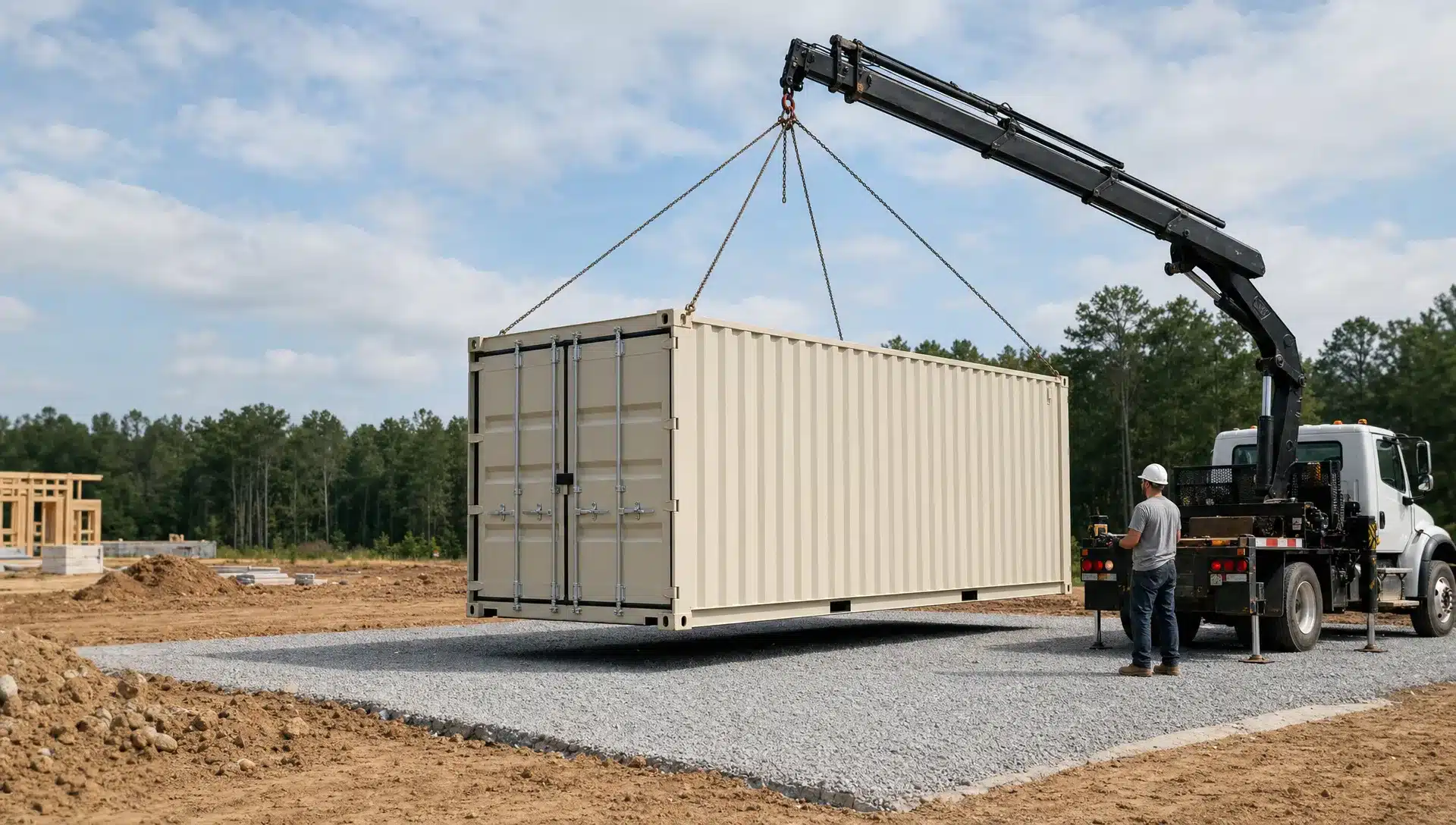 A clean shipping container being delivered onto a prepared gravel pad at a construction site, with level ground, open truck access, and a clear drop area.