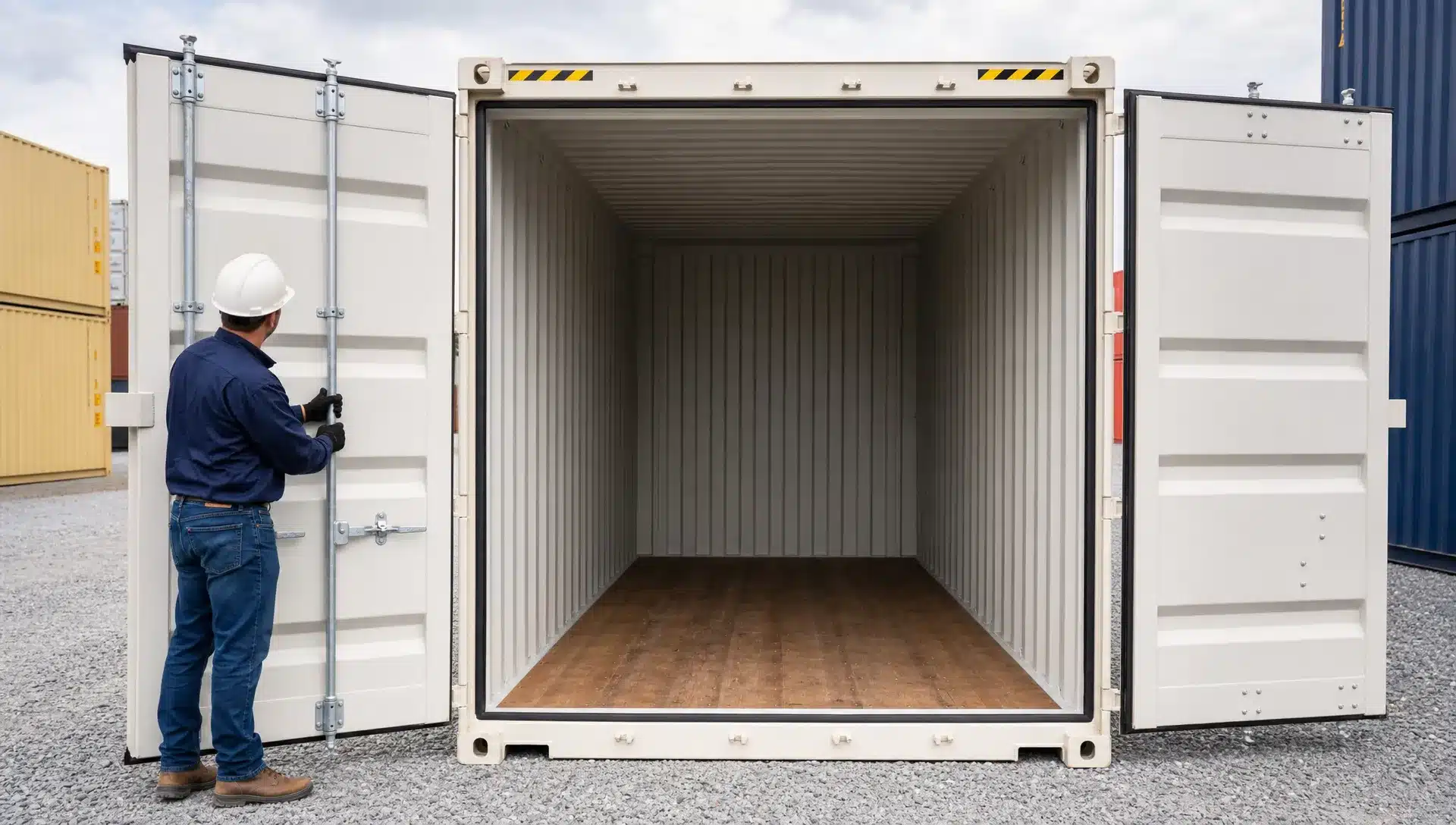 A clean shipping container on a gravel lot, shown from eye level with the cargo doors open, corrugated steel walls visible, wood flooring inside, and a contractor checking the door seals and locking rods.
