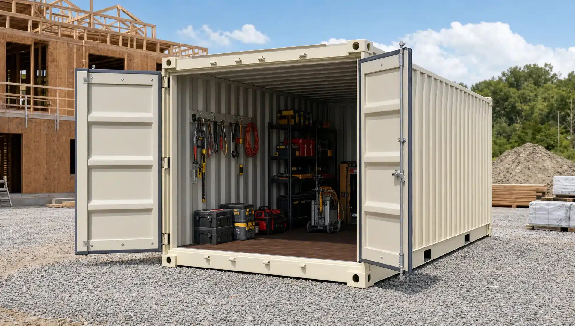 Container Storage Units for Sale: What Matters Most A clean shipping container storage unit placed on a level gravel pad beside a construction site, with open doors showing a dry interior and organized tools inside.