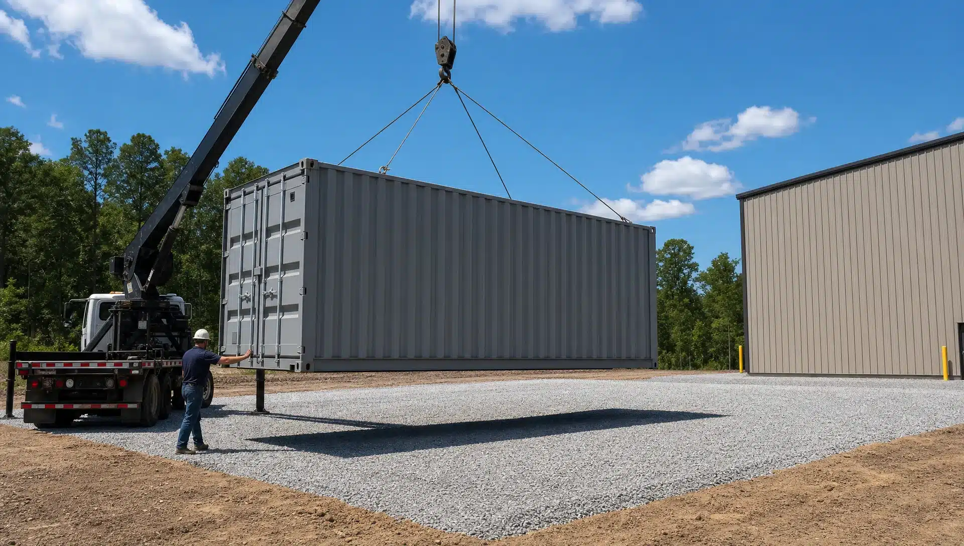 A clean steel cargo container being lowered onto a prepared gravel pad at a commercial property, with clear truck access, level ground, and open space around the delivery area.