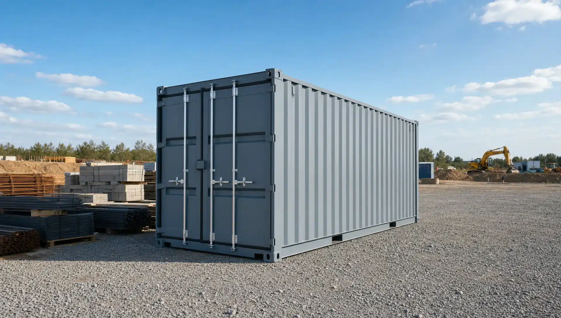 Conex Containers for Sale: Grades, Prices, and Uses A clean steel Conex container on a level gravel pad at a construction site, viewed from a low front-corner angle with open space for truck access and a few stacked materials nearby.