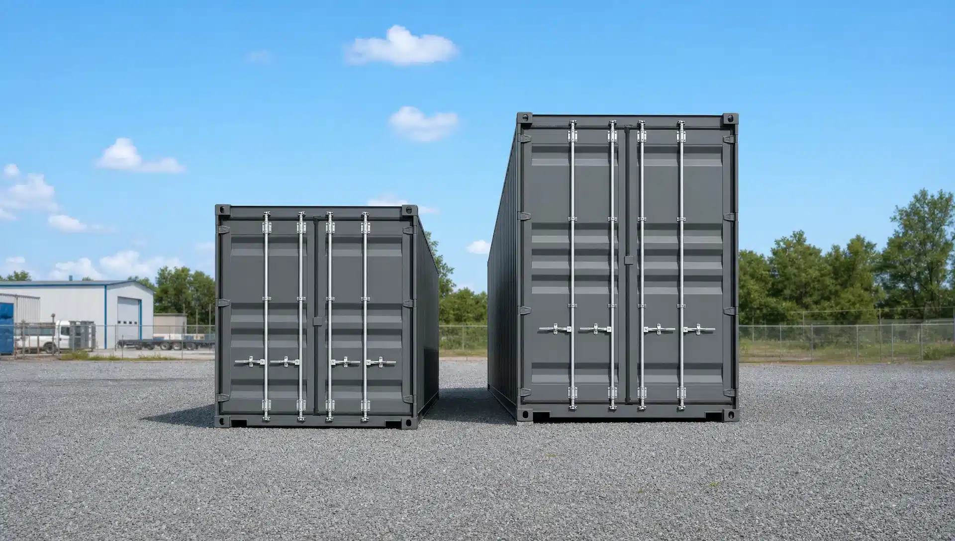 A clean steel shipping container on a level gravel pad at a commercial property, with a 20ft unit and a 40ft High Cube unit shown side by side for size comparison, viewed from a straight-on front angle with open maneuvering space around the pads.