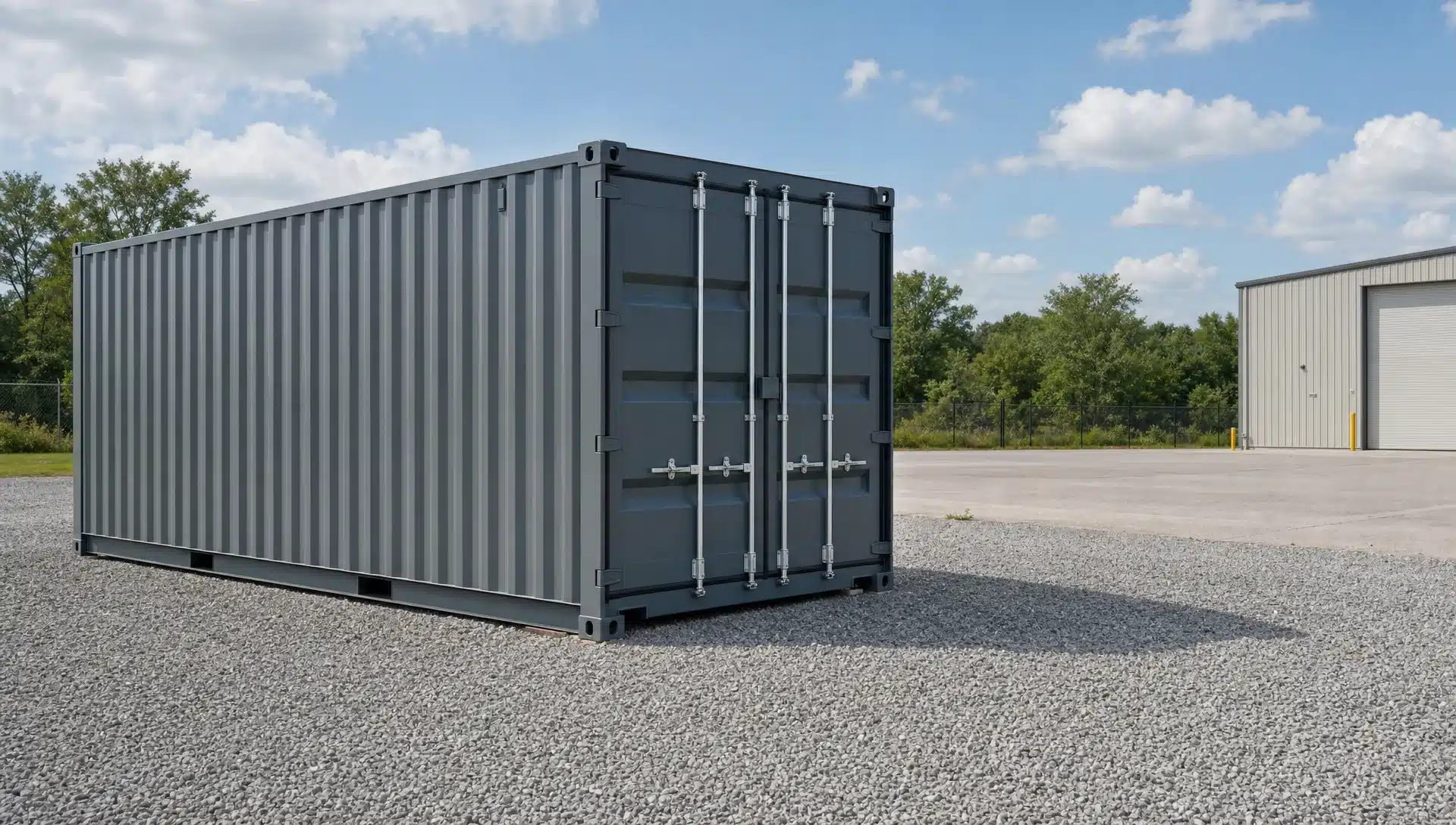 Storage Container Cost: What Changes the Total Price A clean steel shipping container sitting on a prepared gravel pad at a commercial property, with open space for truck access and a level drop area.