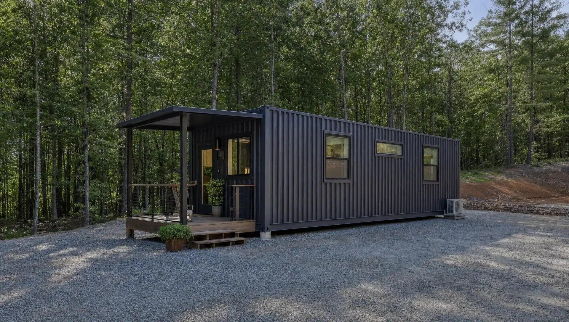 Shipping Container Sizes for Homes: What Works Best A finished 40ft High Cube shipping container home module on a gravel pad in a wooded North Carolina property, with windows, a small porch, and open space around it for delivery access.