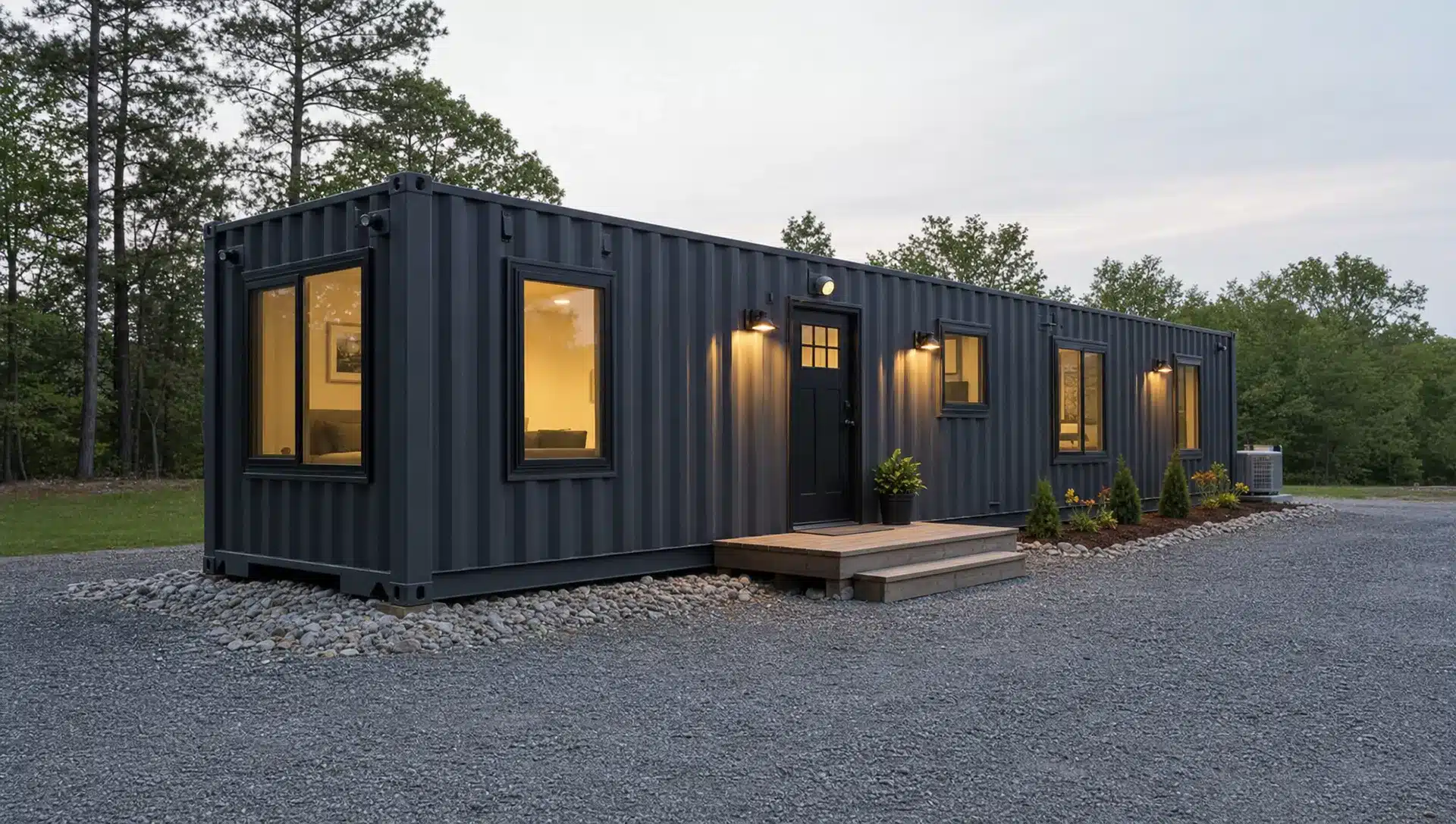Shipping Container Buildings: Best Uses and Key Costs A finished shipping container building on a prepared gravel pad with windows, a personnel door, exterior lighting, and a small entry deck, shown from a front three-quarter angle on a tidy property with drainage stone and room for truck access around the structure.