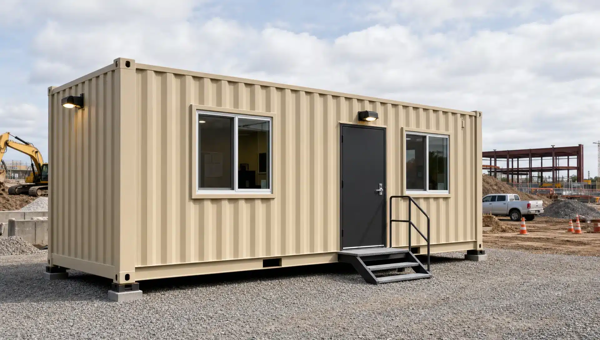 A finished shipping container office on a level gravel pad at a construction site, viewed from the side with the personnel door, windows, exterior lighting, and a small set of steps leading to the entrance visible.