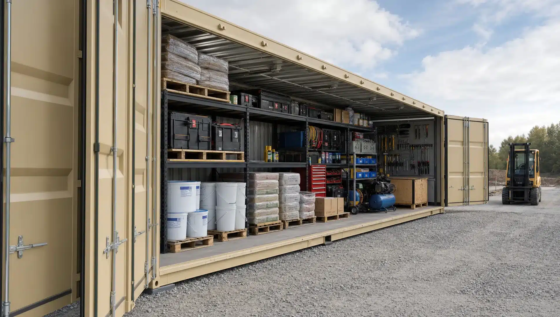 A full side access shipping container at a jobsite with its long side doors open, showing neatly organized pallets, tools, shelving, and building materials on a level gravel pad. View it from a closer side angle with the open doors filling most of the frame, and keep a clear forklift approach lane beside the container.
