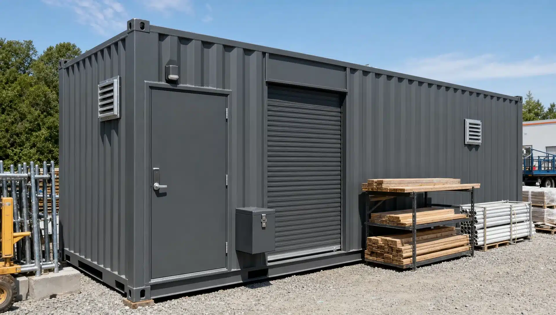 A modified shipping container at a commercial jobsite on a level gravel pad, with a personnel door, roll-up door, exterior vents, a lockbox, and organized building materials stored beside it.