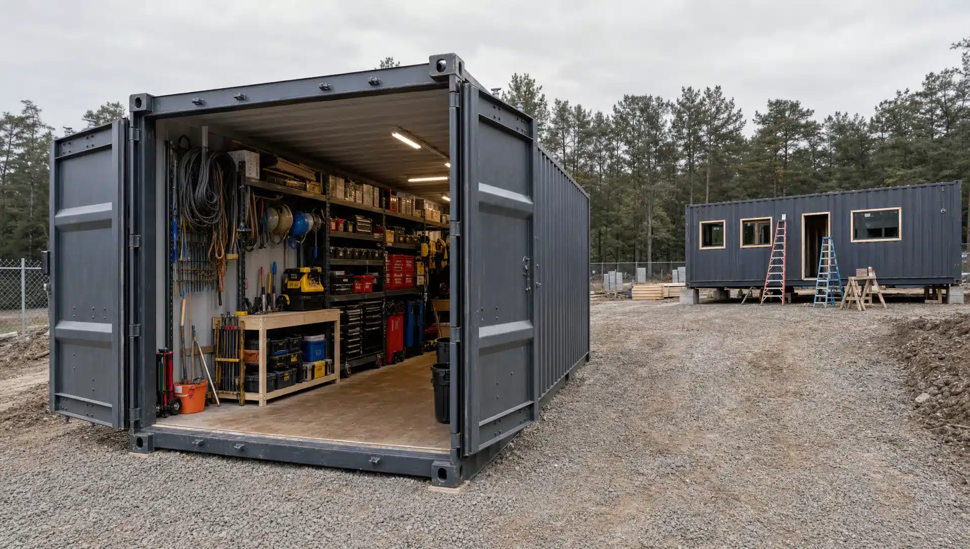 Recycled Shipping Containers for Storage and Builds A recycled shipping container on a level gravel pad beside a construction site, with organized tool storage inside, a clear access lane for delivery trucks, and another container in the background being prepared for a small modular build.