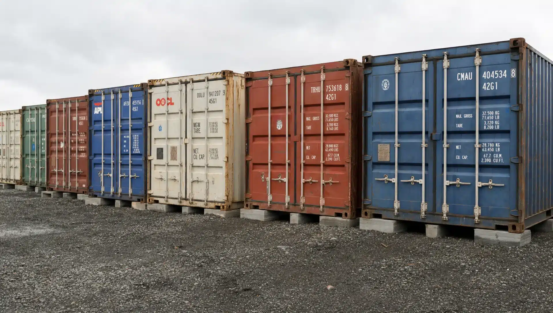 Used Shipping Container Prices by Size and Grade A row of used 20ft and 40ft shipping containers on a gravel yard, showing varied exterior conditions, standard and High Cube heights, locking cargo doors, and delivery-ready placement blocks.