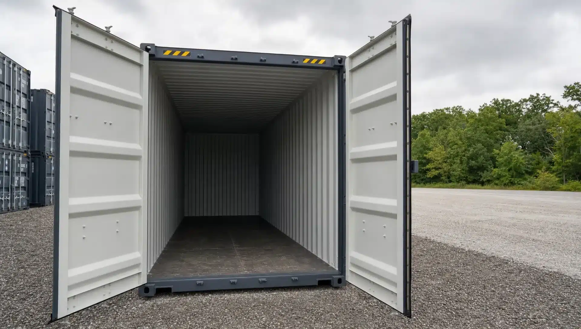 A shipping container being inspected at a storage yard, with the doors open toward the camera, corner castings visible, Corten Steel walls, and a level gravel pad ready nearby for delivery.