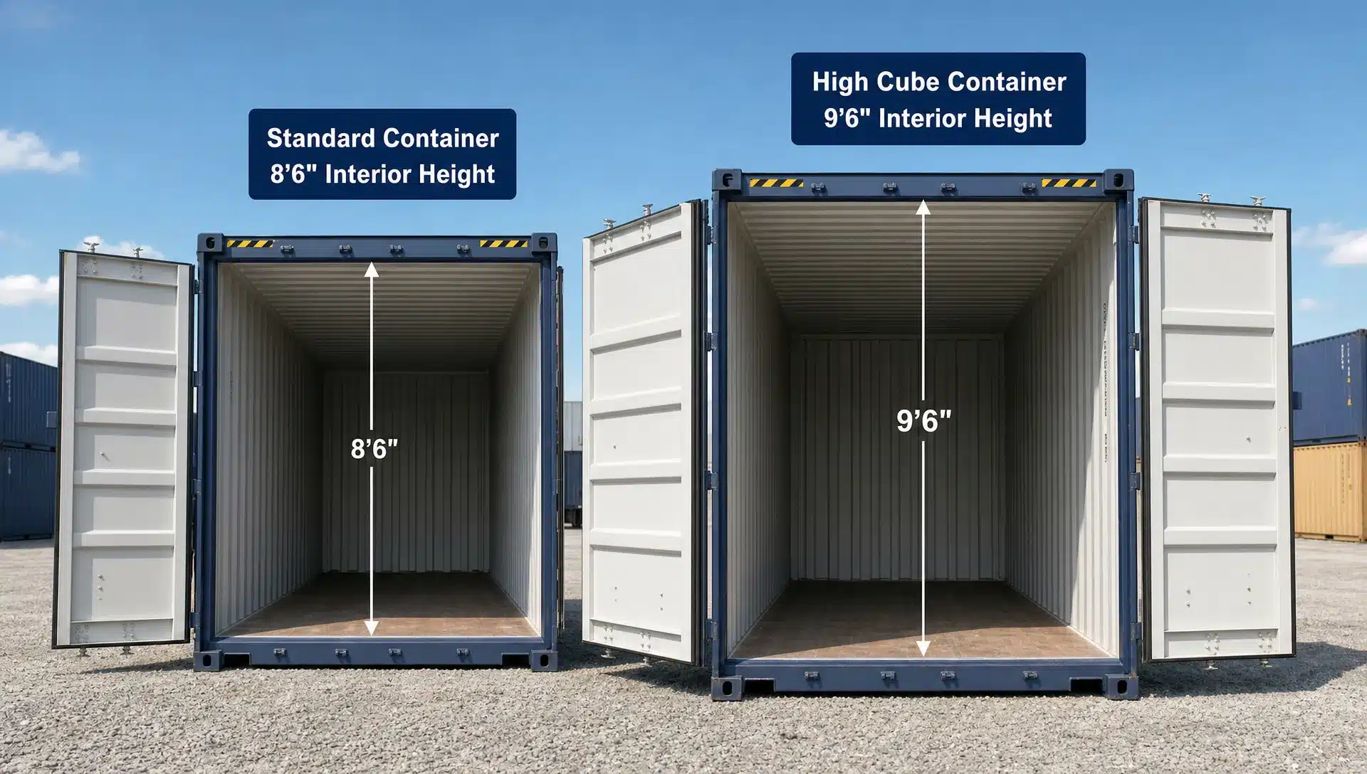 A standard shipping container and a High Cube container shown side by side on a gravel lot, with the taller unit standing one foot higher and both doors open to show the difference in usable vertical clearance for storage racks and tall equipment.