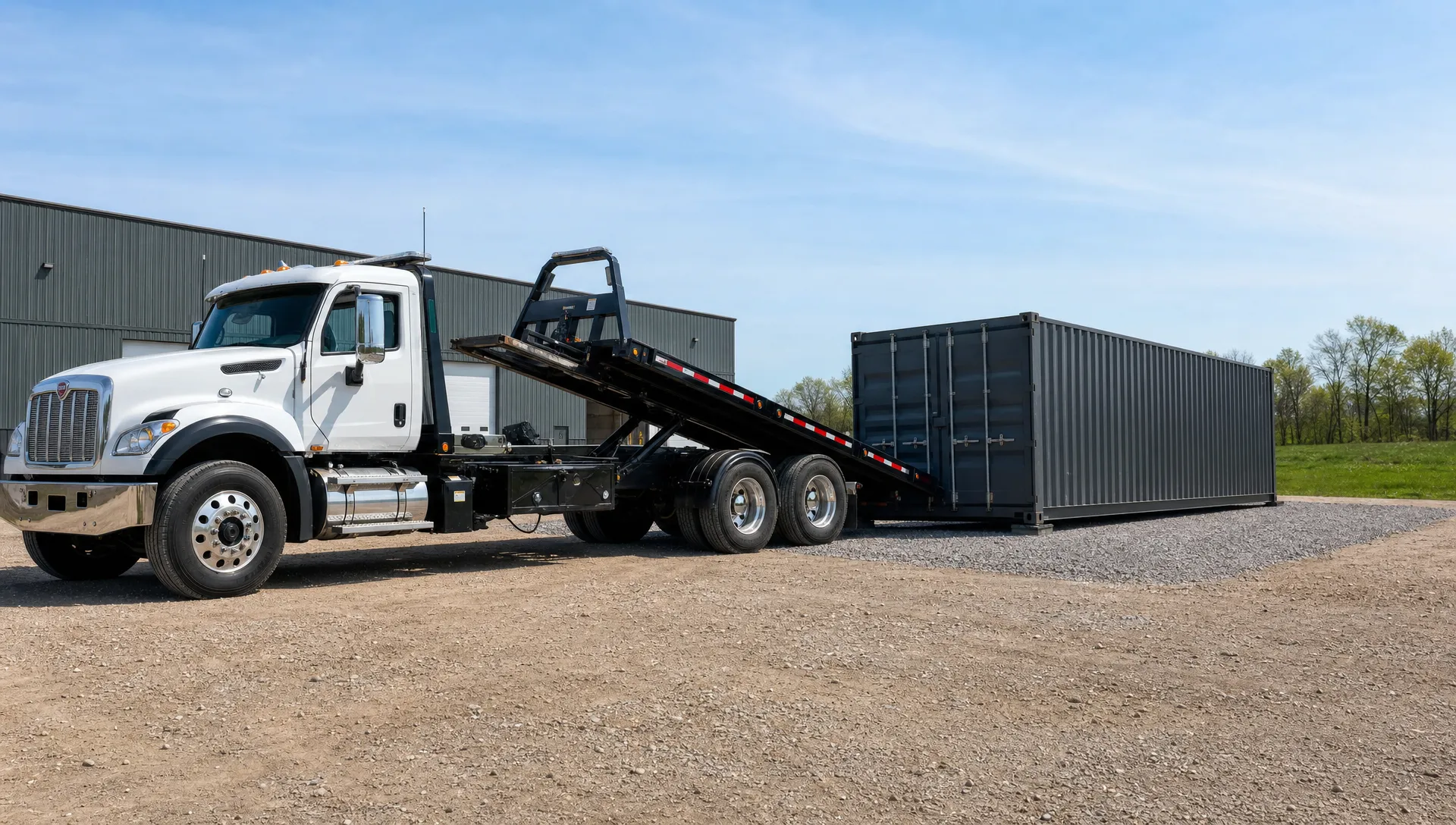 How to Find Freight Containers for Sale Locally A tilt-bed delivery truck placing a steel freight container onto a level gravel pad at a commercial property, viewed from a low front-corner angle with clear space around the drop area, compacted stone under the container, and no overhead obstructions.