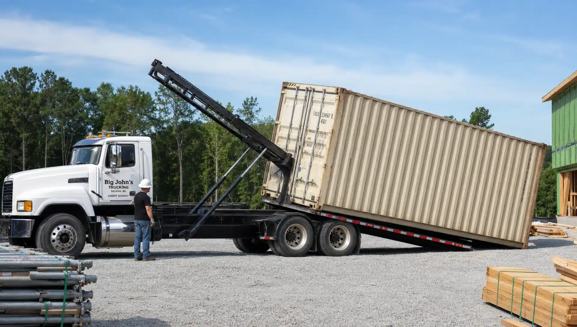 A used 40ft shipping container being placed by a tilt-bed delivery truck onto a level gravel pad at a Raleigh construction site, with clear overhead space, open maneuvering room, and stacked jobsite materials nearby.