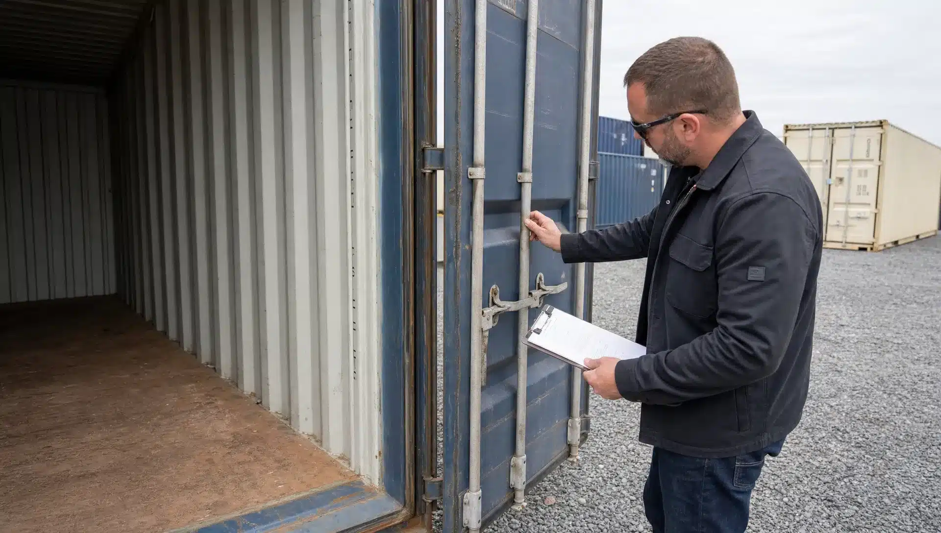 A used cargo container being inspected on a gravel lot from a close side angle, with the doors open, visible steel walls, plywood floor, and a buyer checking the door gaskets and locking bars.