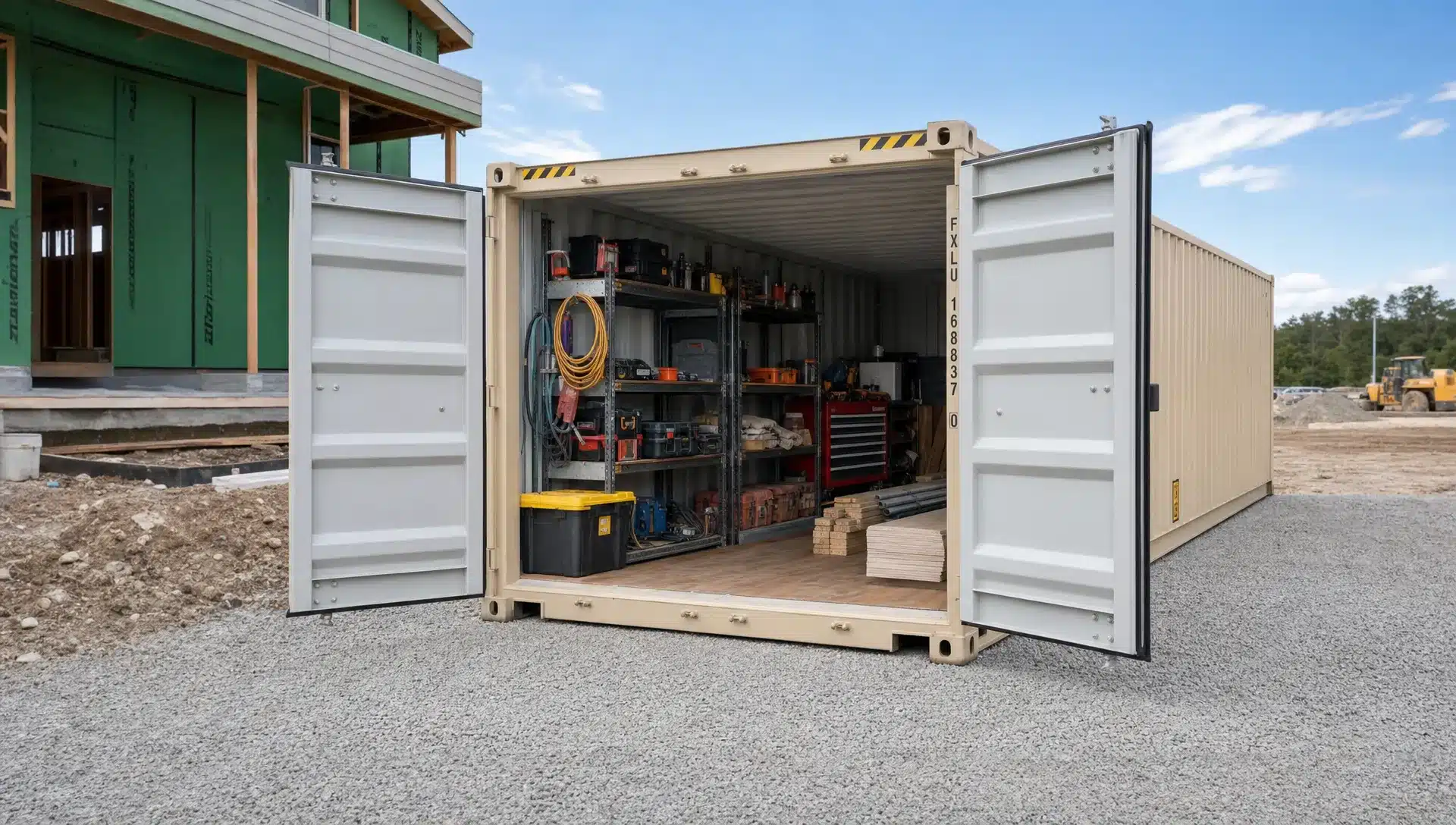 A 20ft shipping container on a level gravel pad at a construction site, with clear truck access, open cargo doors, and organized tools and building materials inside.