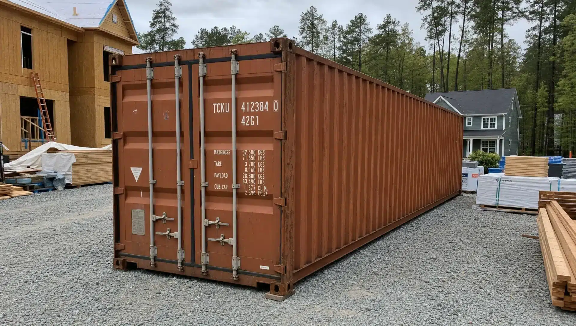 Steel Box Shipping Containers vs Standard Units A 40ft Corten steel shipping container resting on a compacted gravel pad at a Raleigh construction site, with clear access for delivery equipment and building materials stored nearby.