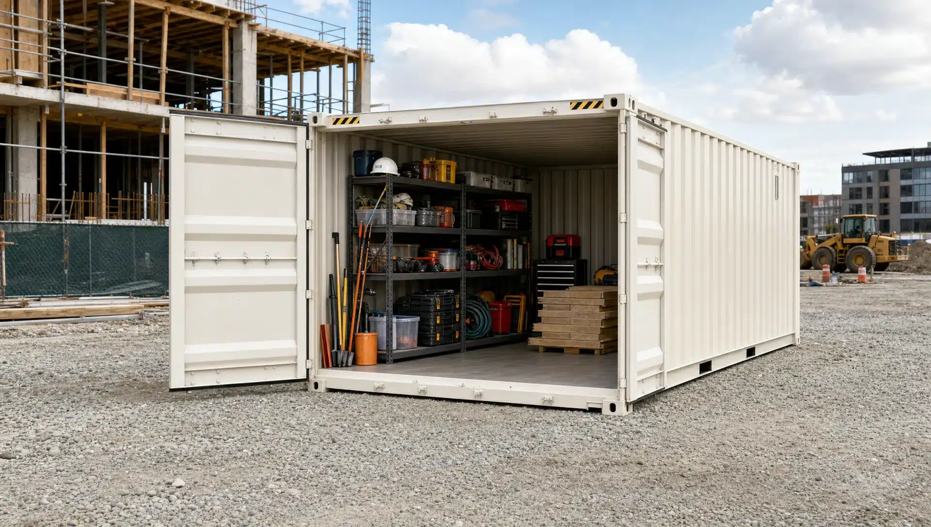 Shipping Container Square Footage by Size A clean 20ft shipping container on a level gravel pad beside a construction site, with open doors showing organized shelving, tools, and stacked materials inside.