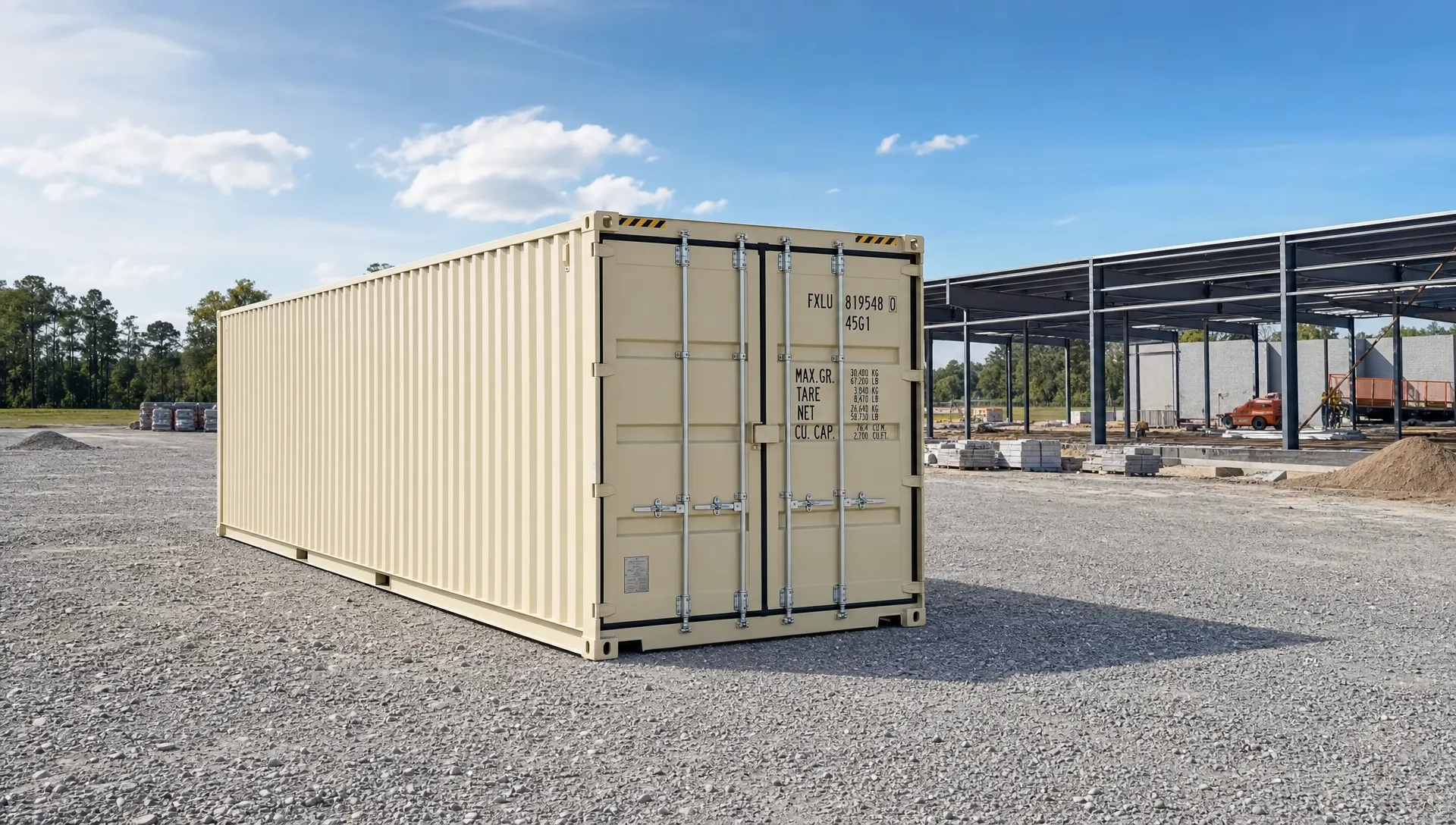 What Is the Size of a 20ft Container? A clean 20ft shipping container positioned on a level gravel pad at a construction property, with the cargo doors facing an open loading area and enough room for truck access.