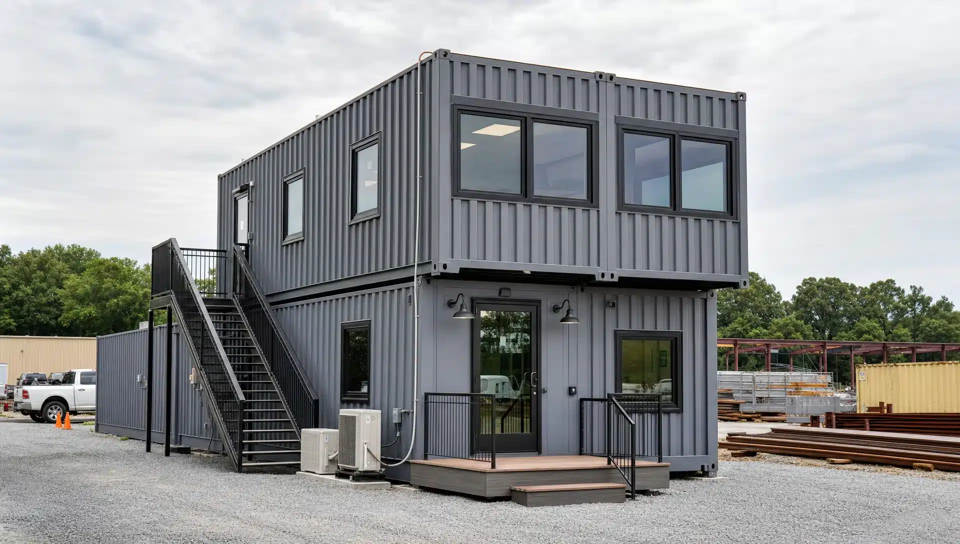 A finished shipping container office building on a level gravel pad with large windows, exterior stairs, a small entry deck, HVAC equipment, and nearby construction materials on a commercial site in North Carolina.