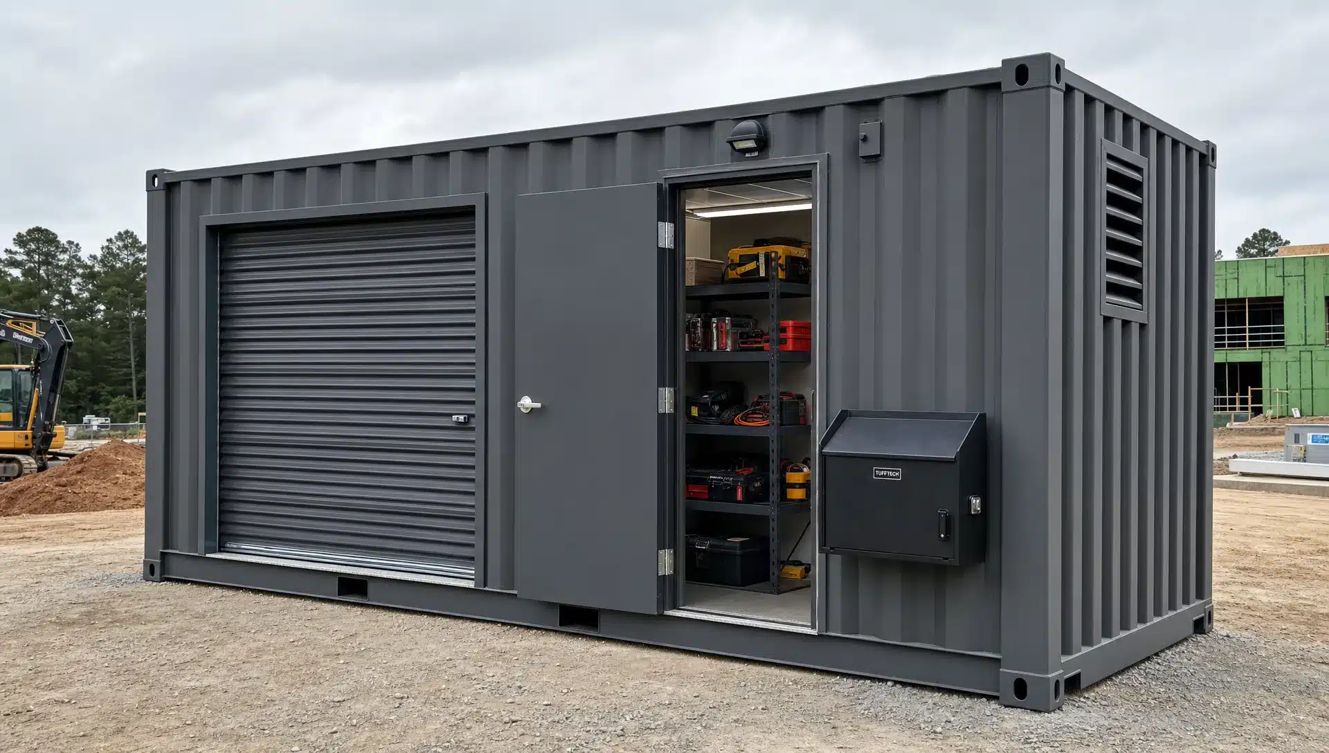 A modified shipping container on a compacted gravel pad at a Raleigh jobsite, shown in medium view with a personnel door, roll-up door, lockbox, wall vents, and organized shelving visible through the open doorway.