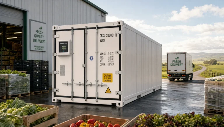 A refrigerated shipping container set up for cold storage with pallets and supply crates around it.
