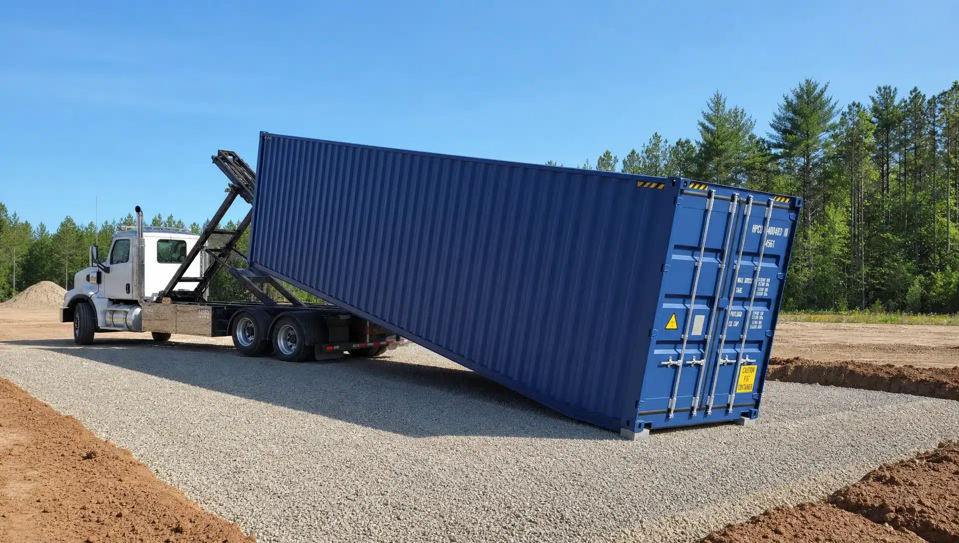 How to Choose a Reliable Shipping Container Supplier A tilt-bed truck placing a blue 40ft High Cube shipping container onto a compacted gravel pad at a clean construction site near Raleigh, with clear access space, level ground, and no overhead obstructions.
