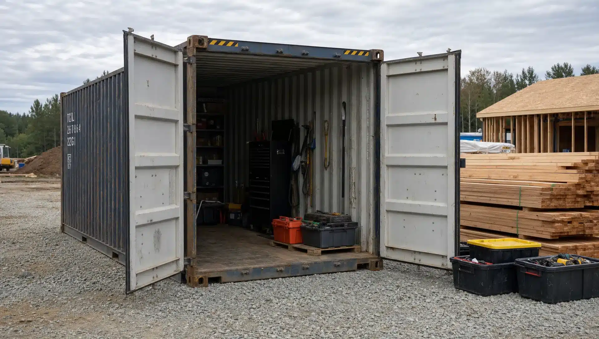 Used Truck Containers for Sale: What to Check A used steel shipping container positioned on a level gravel pad at a jobsite, with the doors open for inspection and a stack of lumber and tool bins nearby.