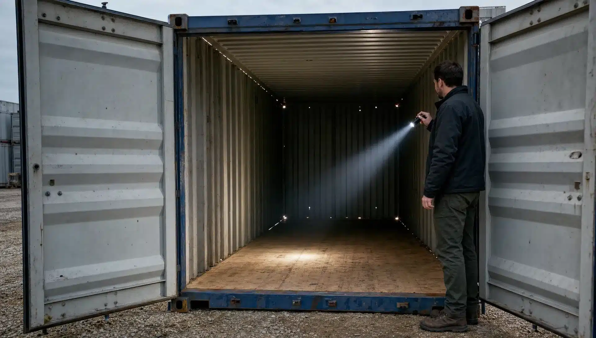 How to Inspect Used Steel Shipping Containers An open used steel shipping container on a gravel pad, with a person’s flashlight aimed across the plywood floor, visible door gaskets, steel walls, and corner castings while checking for daylight leaks inside.
