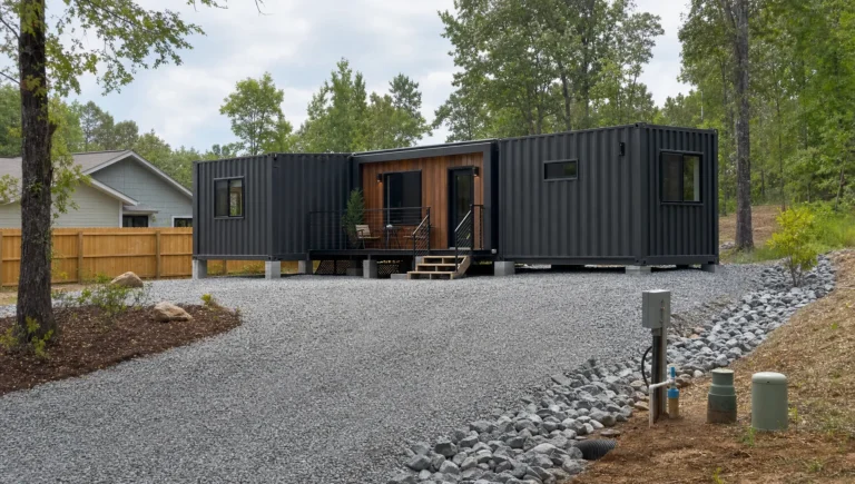 A container house sits on a prepared gravel pad with driveway access and utility runs visible.