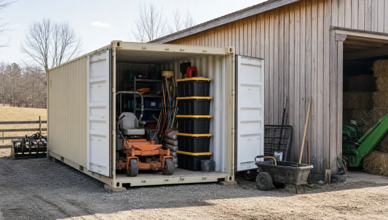 A used 20ft shipping container stores tools and supplies on a rural North Carolina property.
