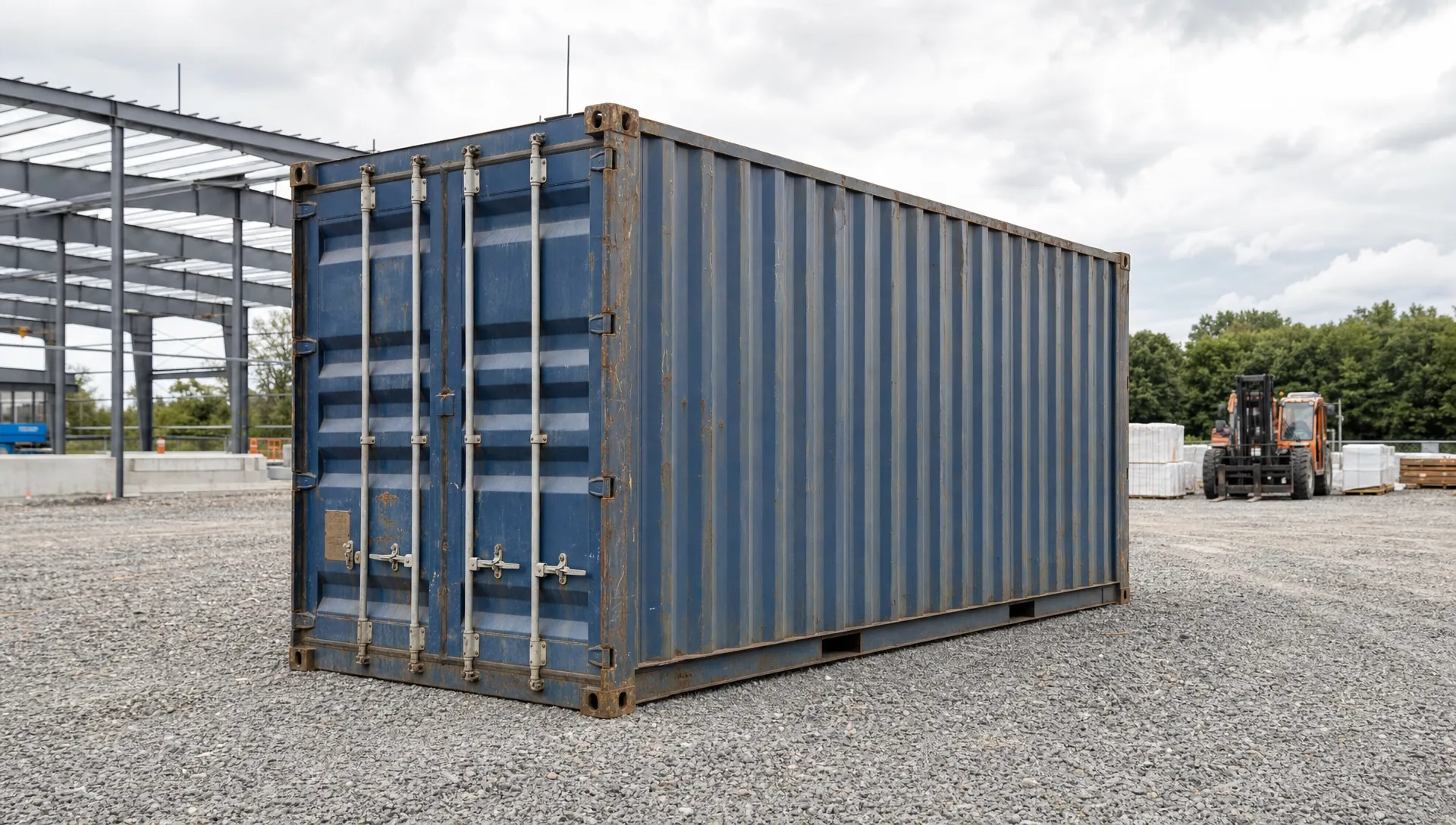 Used Sea Containers for Sale: Grades and Value A used steel shipping container sits on a level gravel pad at a commercial jobsite, with double cargo doors and open space for delivery equipment to maneuver.